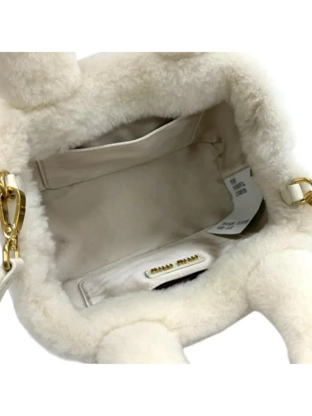 Miu Miu Sheepfur with Logo Plate Shearling 2-Way Handbag White